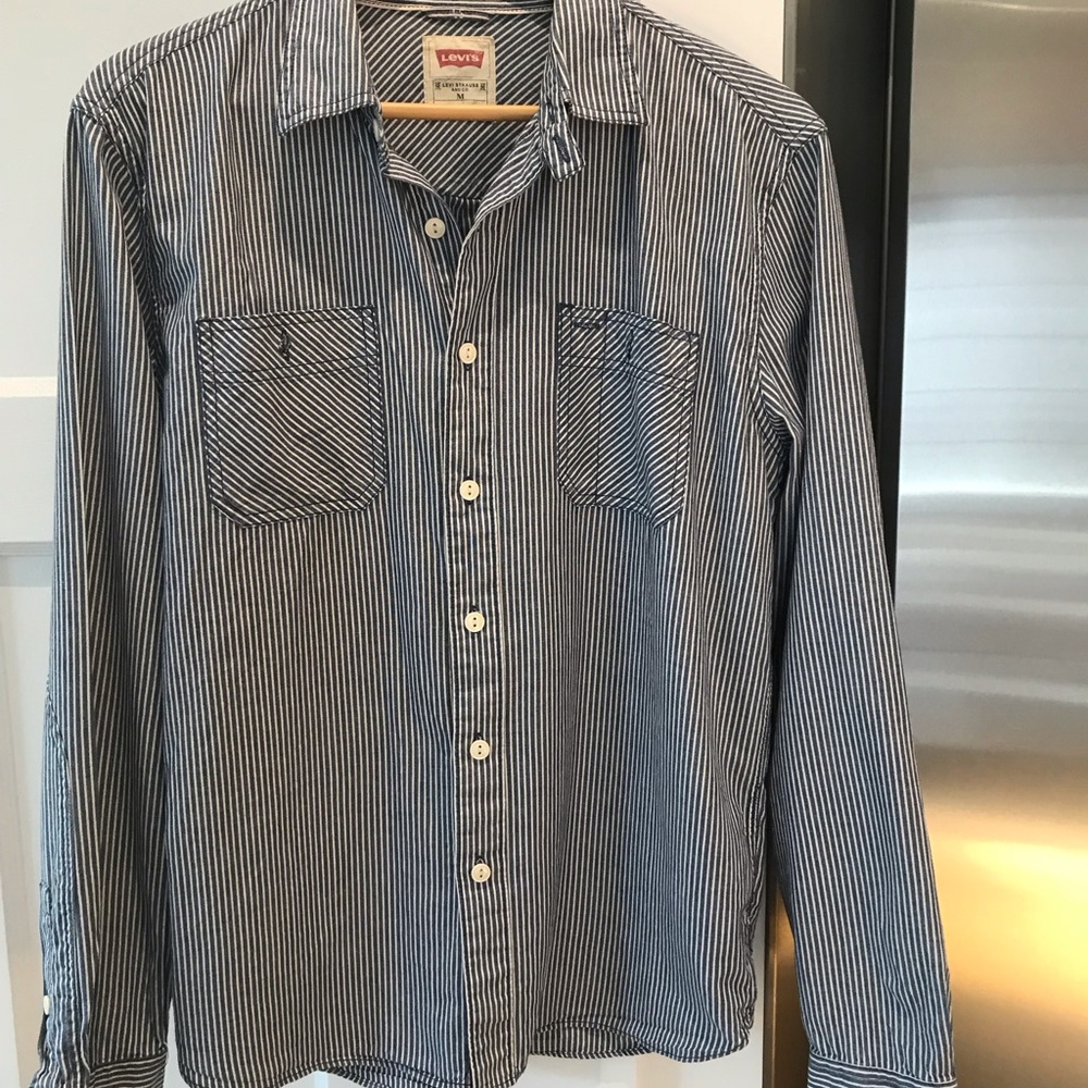 Levi's Men's Navy and White Striped Button Down Shirt